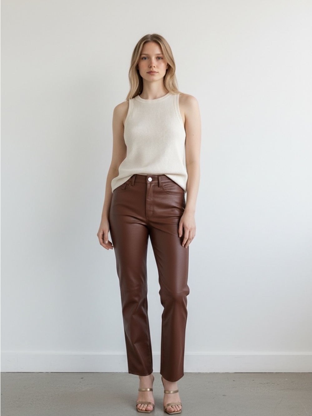 DANIELLE BERNSTEIN Brown Faux Leather Straight-Leg Jeans - Picture 2 of 9